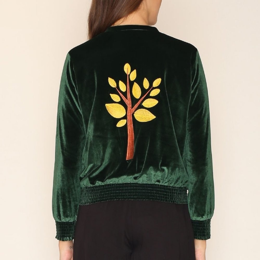 NWT Pepaloves Green Velvet Embroidered Bomber Jacket Size Small